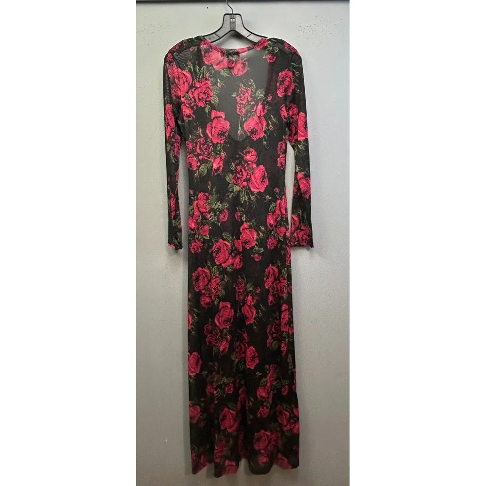 Audrey Lane Dress Womens Medium Black Red Rose Floral Sheer Mesh VNeck Maxi Long